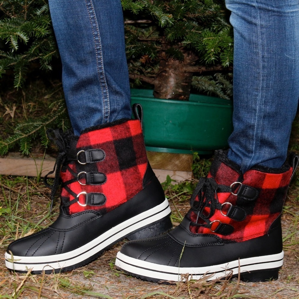 Madden Girl Chill Black and Red Buffalo Check Plaid Winter Rain Duck Boots
